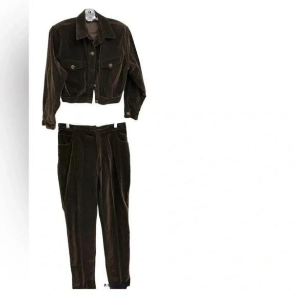 Vintage Opal by Lorraine Wardy Brown Velvet Cotton 2-Piece Set – Cropped Jacket - Picture 2 of 8